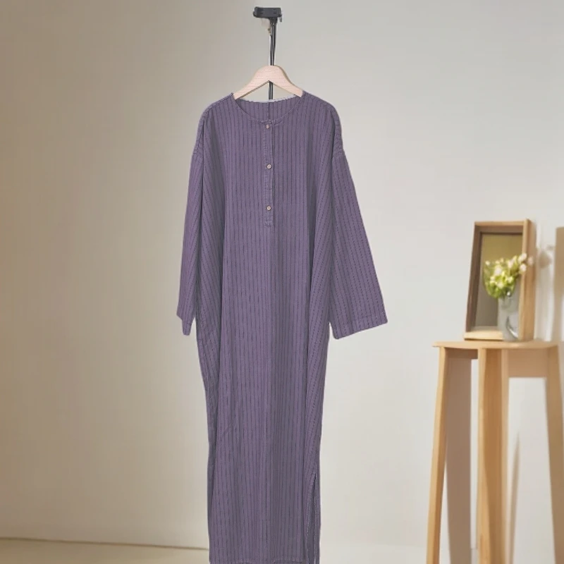 亚麻炒色做旧复古竖条纹时尚圆领禅意长袍