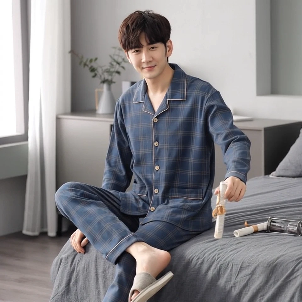 男士睡衣春秋季棉质薄款新款长袖青少年大码可外穿开衫家居服套装
