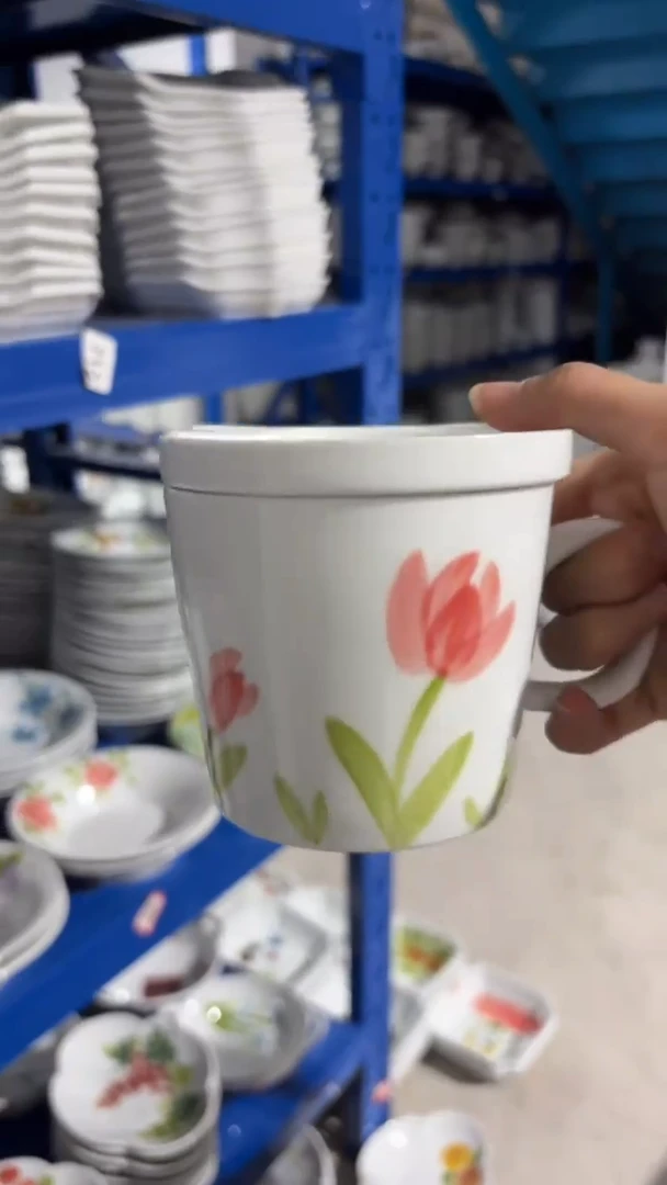 瓷片景德镇手绘釉中彩（食品级）带盖咖啡杯