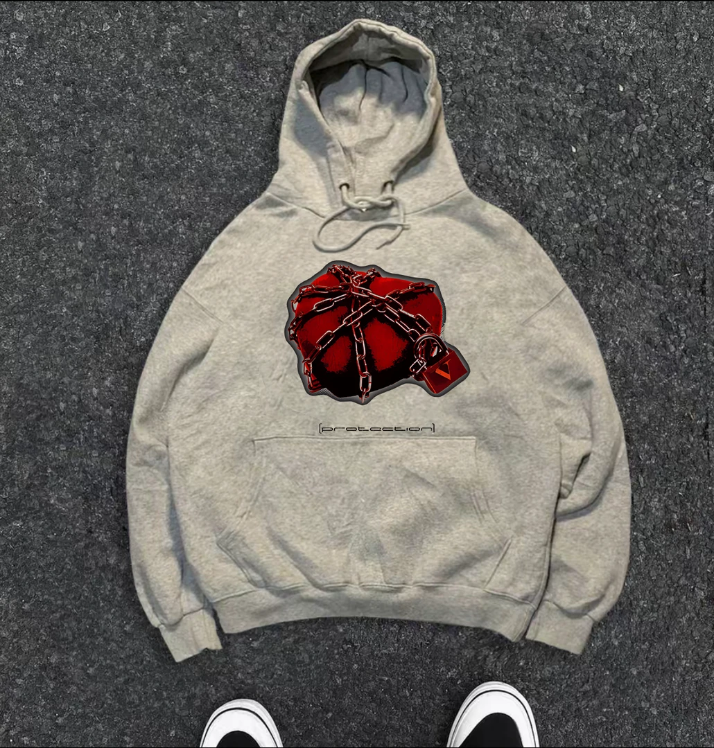 美式复古秋冬薄款男士卫衣连帽衫痞帅铁锁封心图案宽松青少年外套