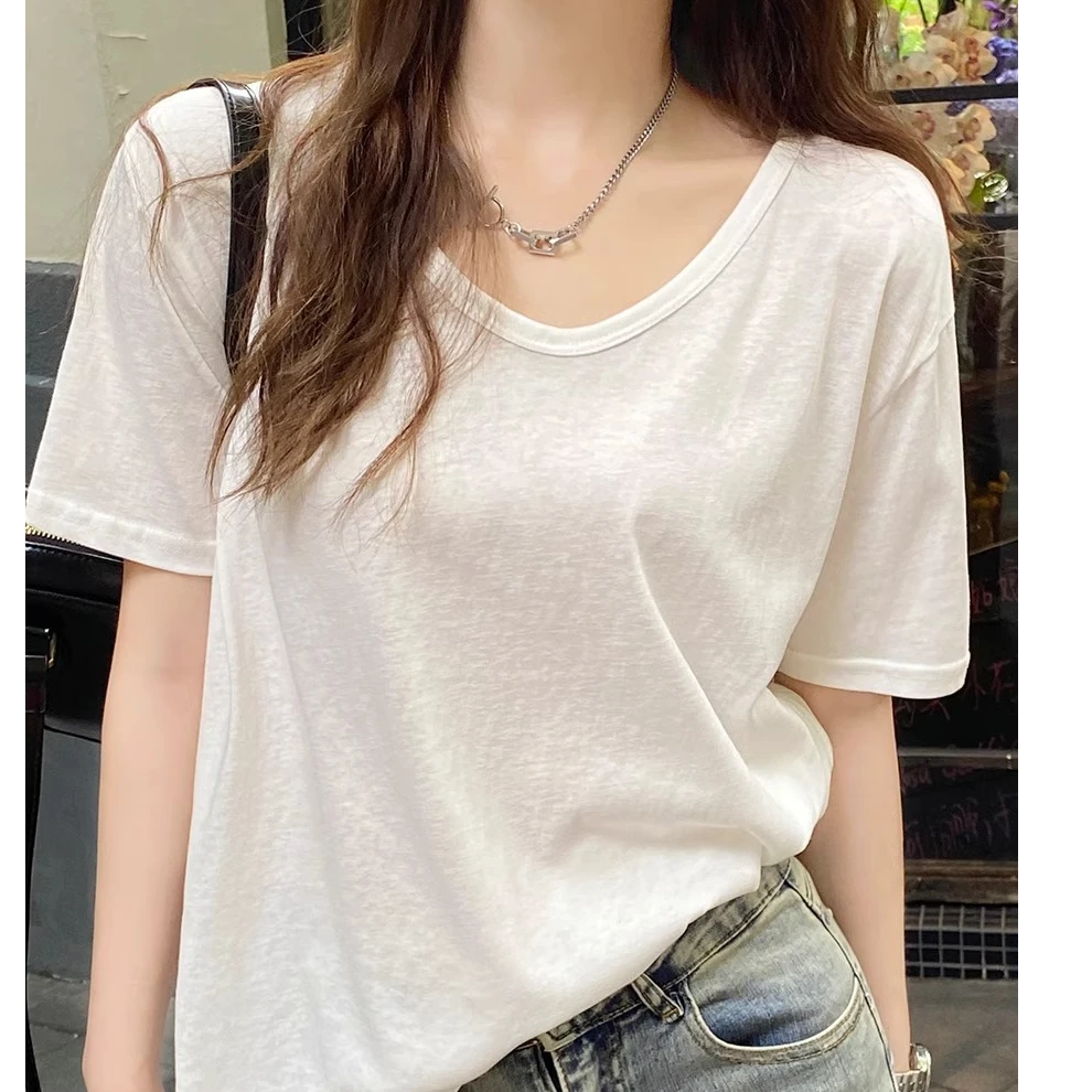 雪花棉短袖t恤女v领夏季2025新款宽松白色棉质半袖薄款冰丝上衣