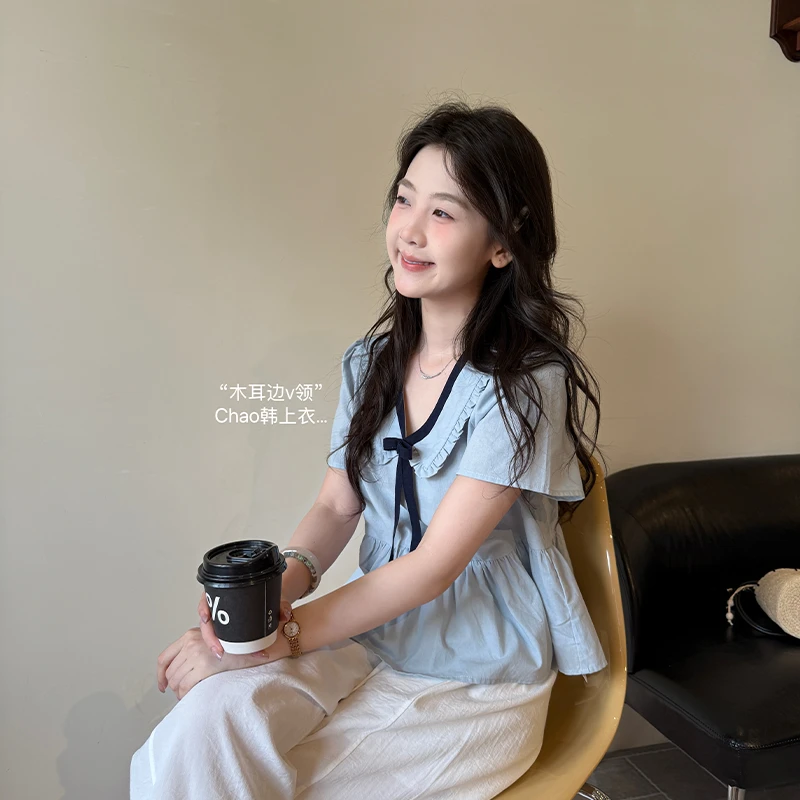 【闵笑一】蓝冰湖 小众设计夏季新款简约娃娃领短袖衬衫女上衣