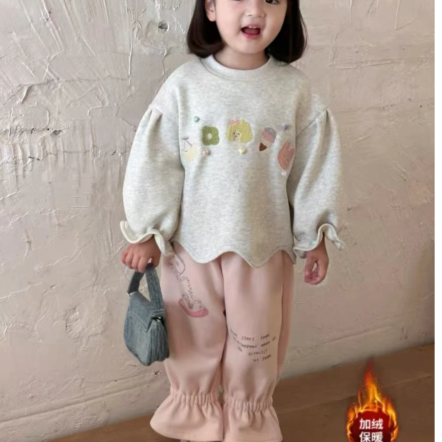 L2051童装秋冬新款韩系女童小童洋气卡通刺绣加绒卫衣喇叭卫裤