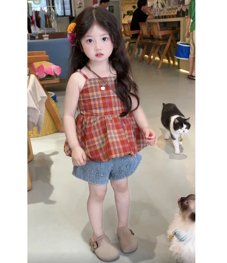 女童夏季新款格子背心套装牛仔短裤女宝宝洋气夏款吊带短裤两件套