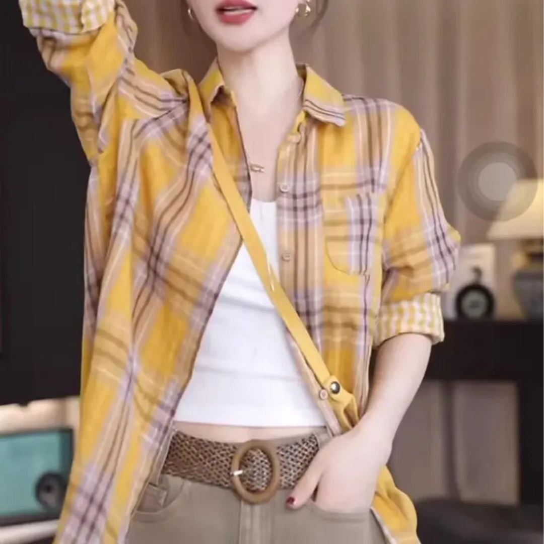 M复古印花格子衬衫百搭韩版单面衬衣2025春夏新款高级感上衣