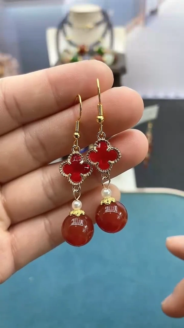 【闪购商品】南红玛瑙耳饰14K金镶嵌南红12mm四叶草耳钩