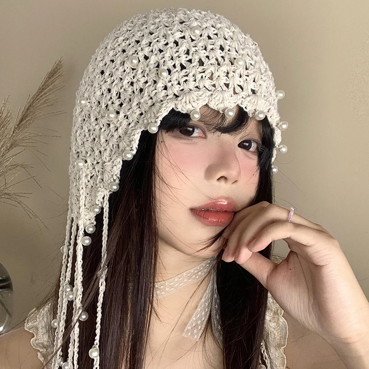 镂空珍珠流苏吊坠包头帽女夏季民族风针织套头帽复古显脸小帽子潮
