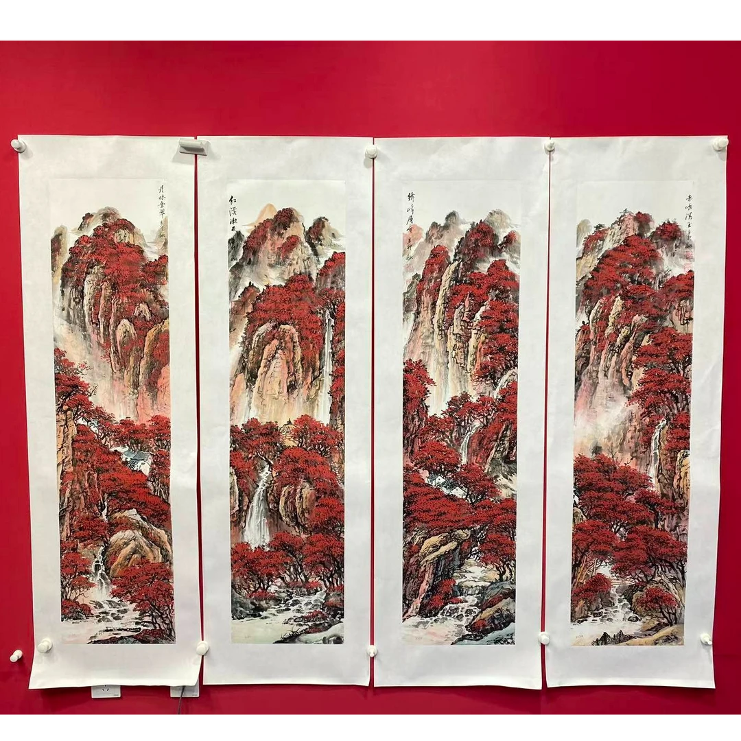 李新社手绘宣纸万山红遍四条屏-山水画