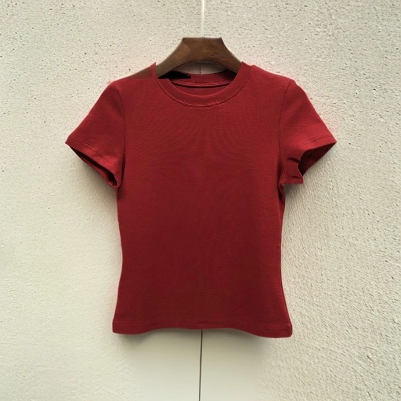 GPTSu正肩修身红色短款T恤女夏百搭高级感欧货显瘦体恤短袖衫上衣