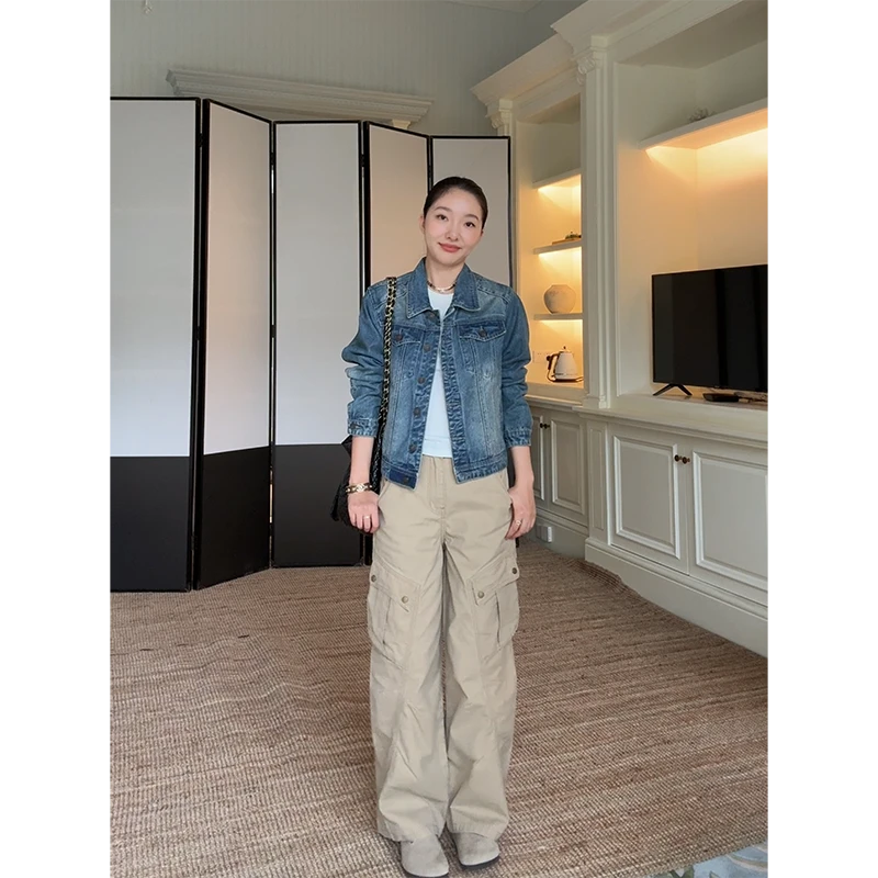 郭九九呢 100%棉休闲工装牛仔裤复古休闲正肩牛仔外套 G925Z14455