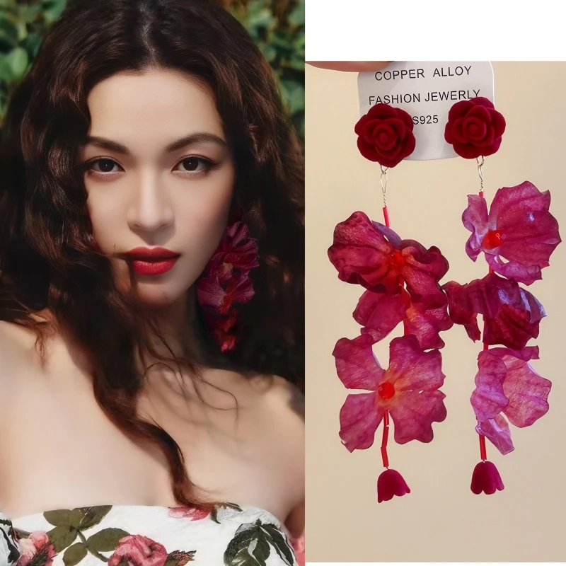 非金属布艺耳饰 酒红色复古花朵耳环高级感耳钉夸张长款气质耳饰