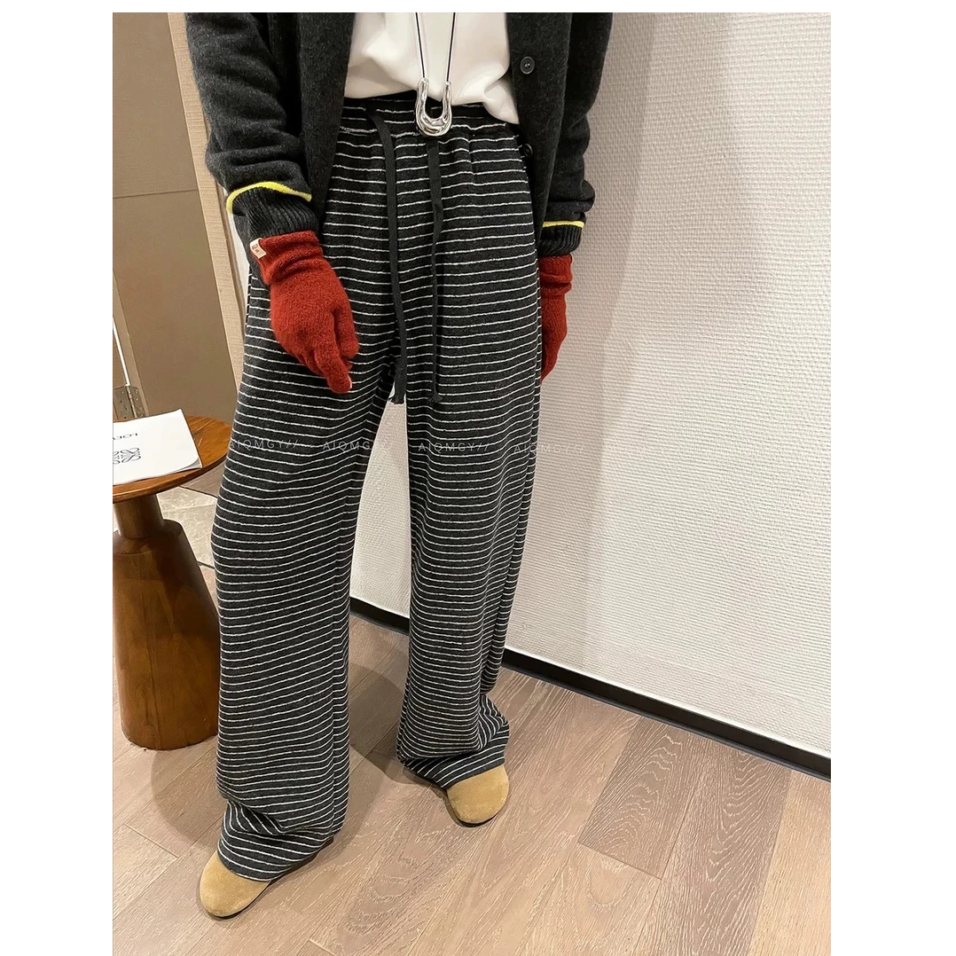 加绒加厚条纹休闲裤女冬季新款显瘦胖mm梨形身材小个子阔腿拖地裤