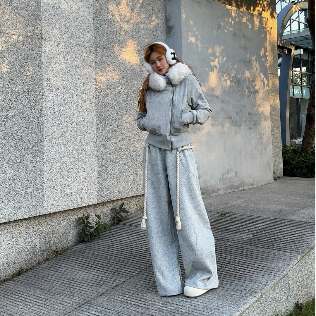 韩式慵懒风毛领连帽棉服女编织粗绳阔腿长裤套装