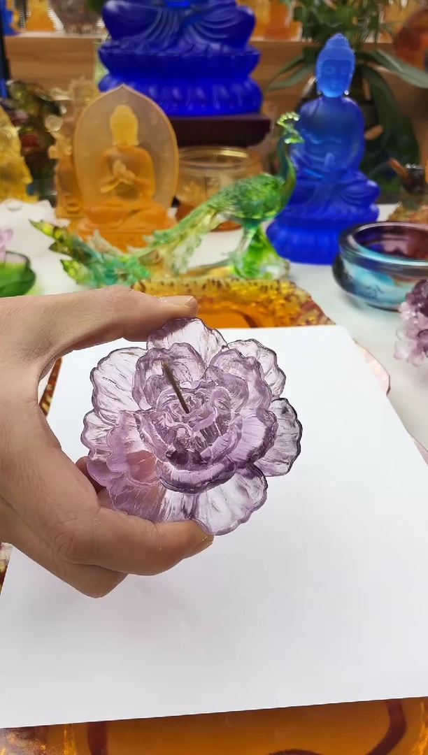 手工艺品琉璃紫色牡丹花线香插8.5公分