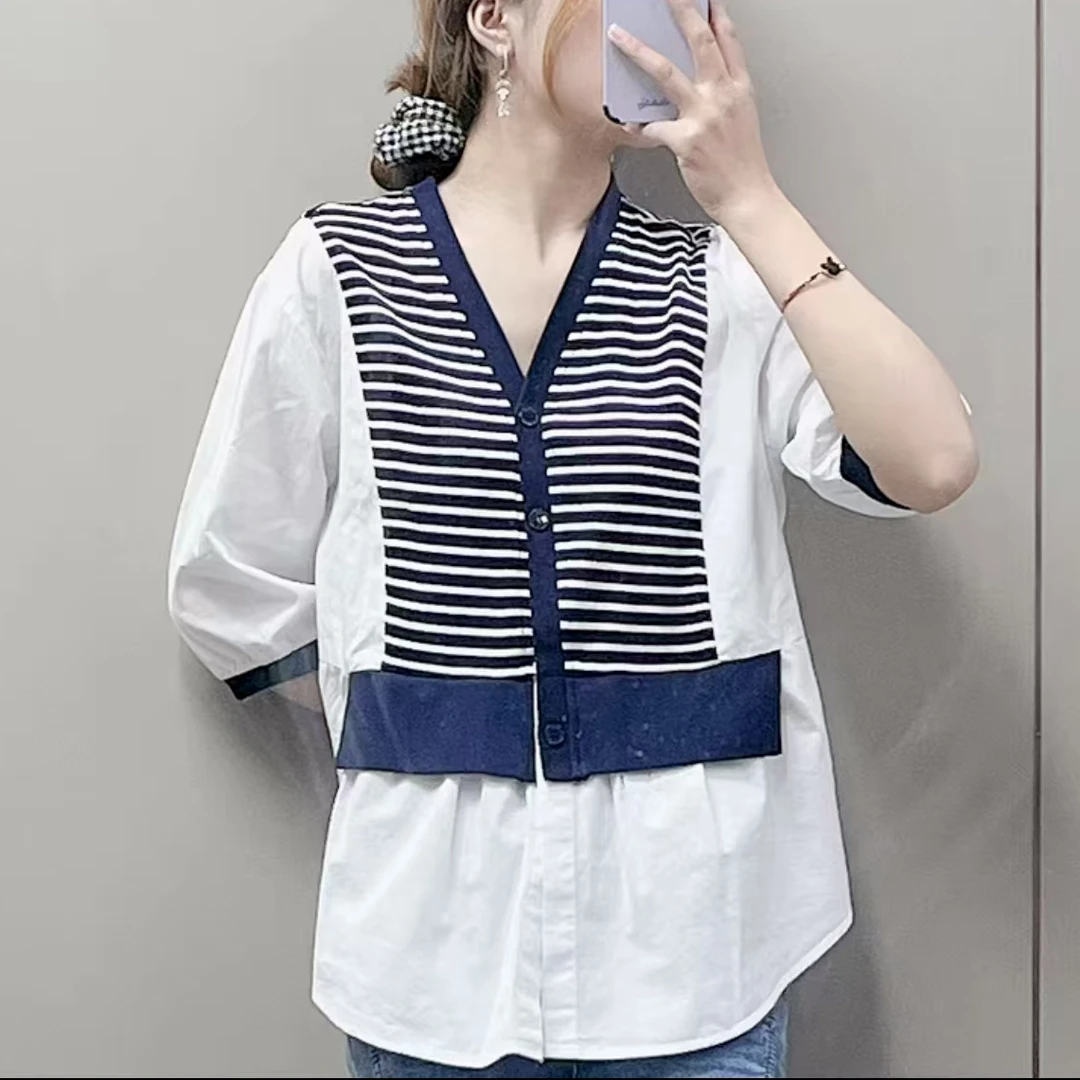 BT-K3221 条纹衬衫宽松针织拼接时尚设计感假两件上衣 Q956-22090