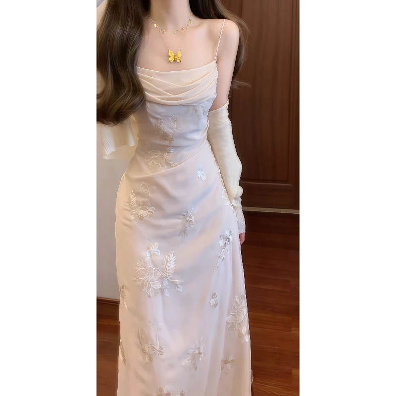 新中式国风荡领吊带连衣裙海边度假收腰气质长裙&防晒空调衫9619