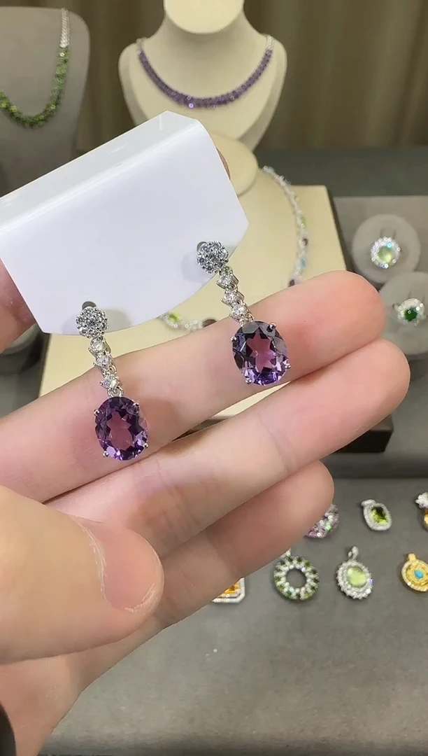 银S925镶嵌耳饰紫晶10*8mm耳坠设计款
