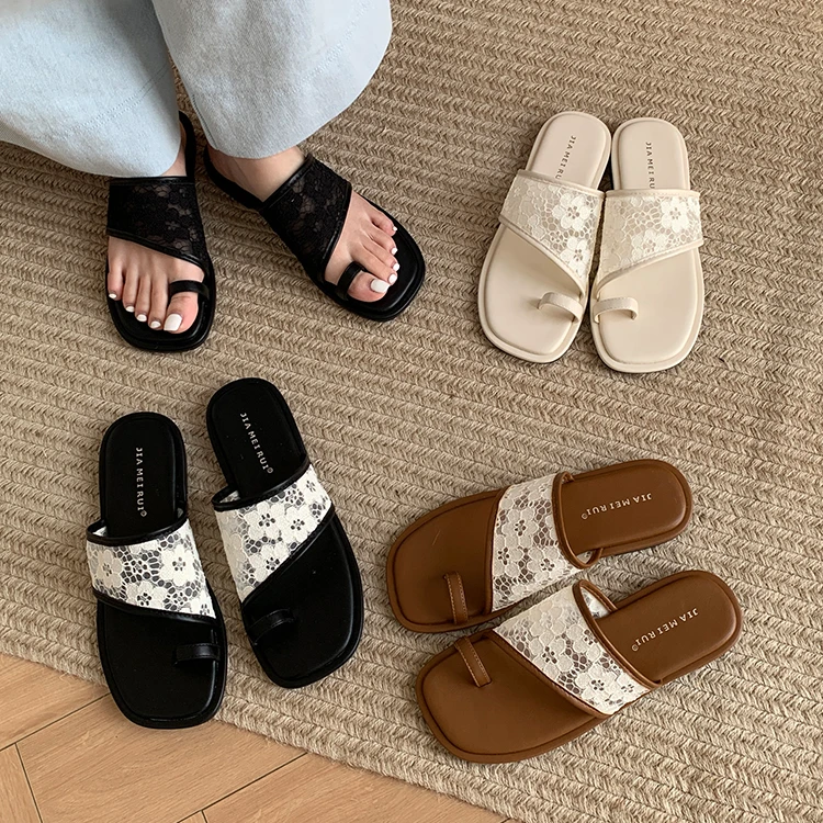 韩版方头蕾丝一字带凉拖鞋女2025年春夏新款百搭软底沙滩套趾凉拖