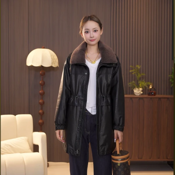 海宁25年新款时尚百搭加鹅绒内胆真皮绵羊皮中长款女士皮衣外套
