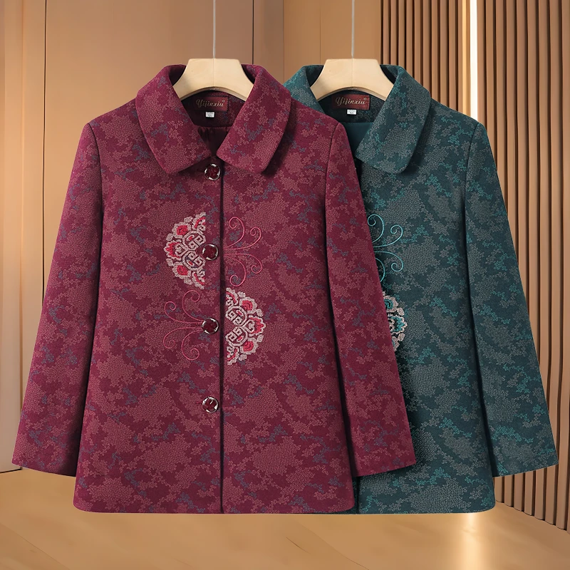 老年人外套女奶奶装秋装洋气新款老太太春秋翻领绣花毛呢妈妈衣服