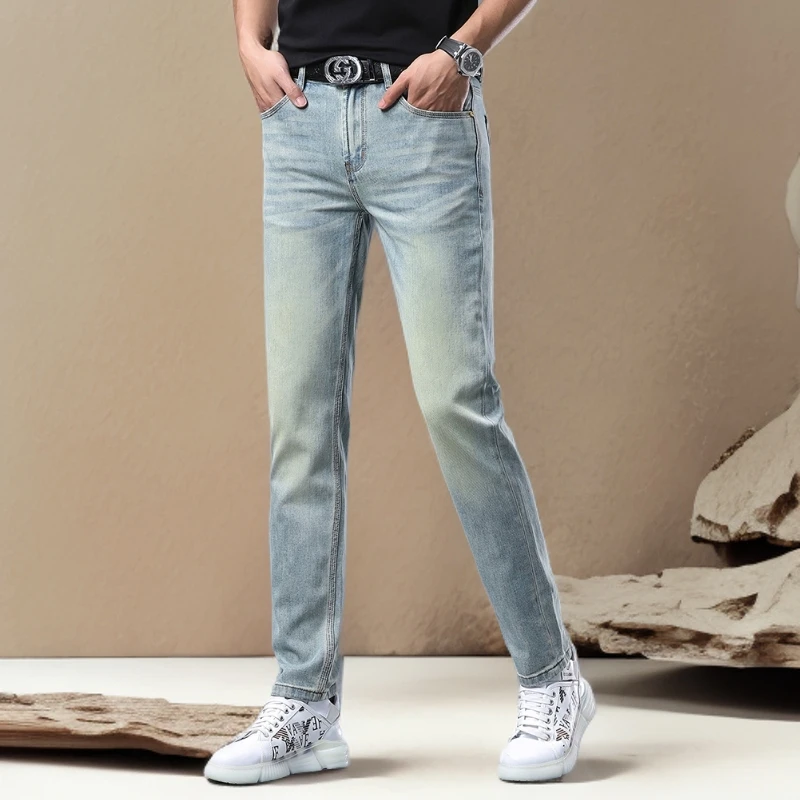 诺顿雷斯时尚夏季薄款牛仔裤男士新款商务修身直筒弹力百搭长裤子