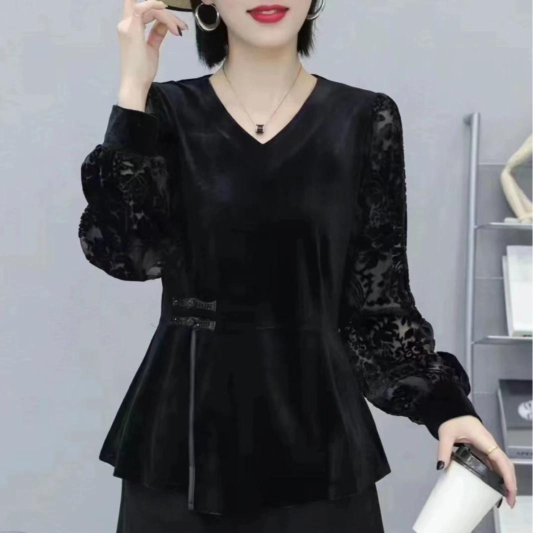 【茶芙巷】 1220新款女装金丝绒长袖上衣休闲百搭显瘦打底衫【AF】