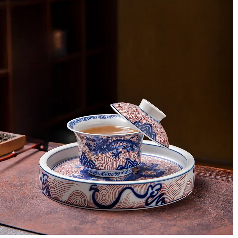 高档青花陶瓷复古泡茶盖碗茶具釉里红龙纹三才盖碗轻奢个人专用杯