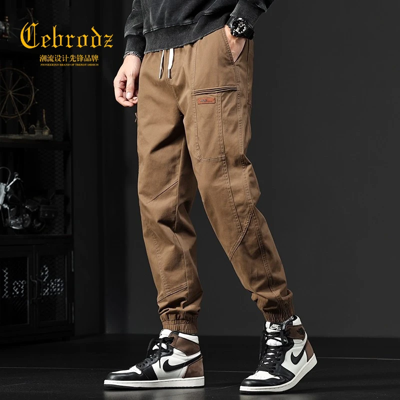 Cebrodz美式复古卡其色工装裤男秋季潮牌宽松束脚哈伦裤休闲裤子