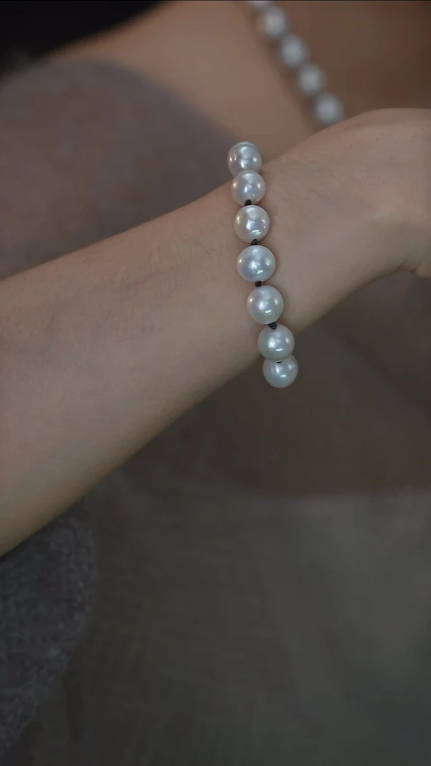 银S925镶嵌手链淡水珍珠黑绳圆巴手链