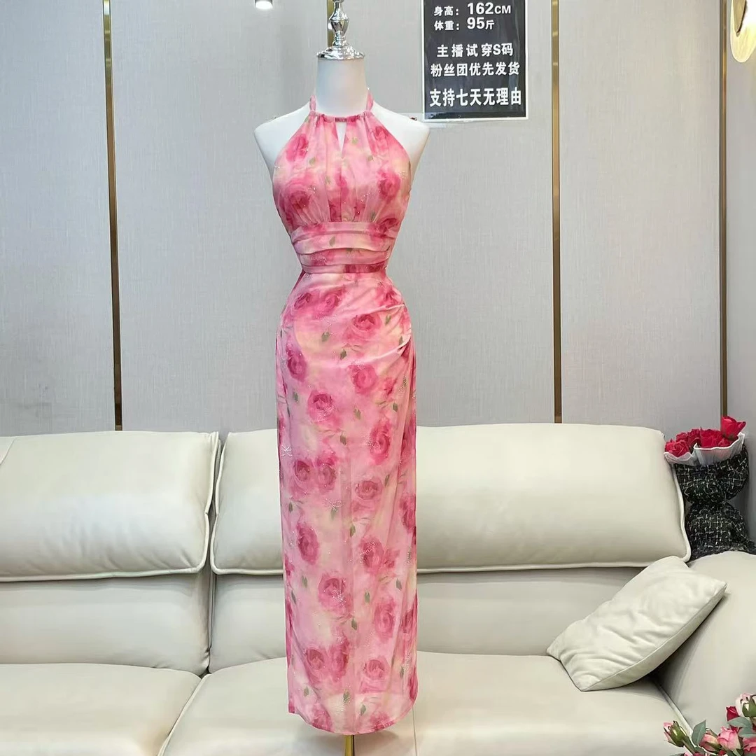 BECHARMING「 恋恋序曲」优雅时尚气质挂脖印花修身连衣裙Q0918