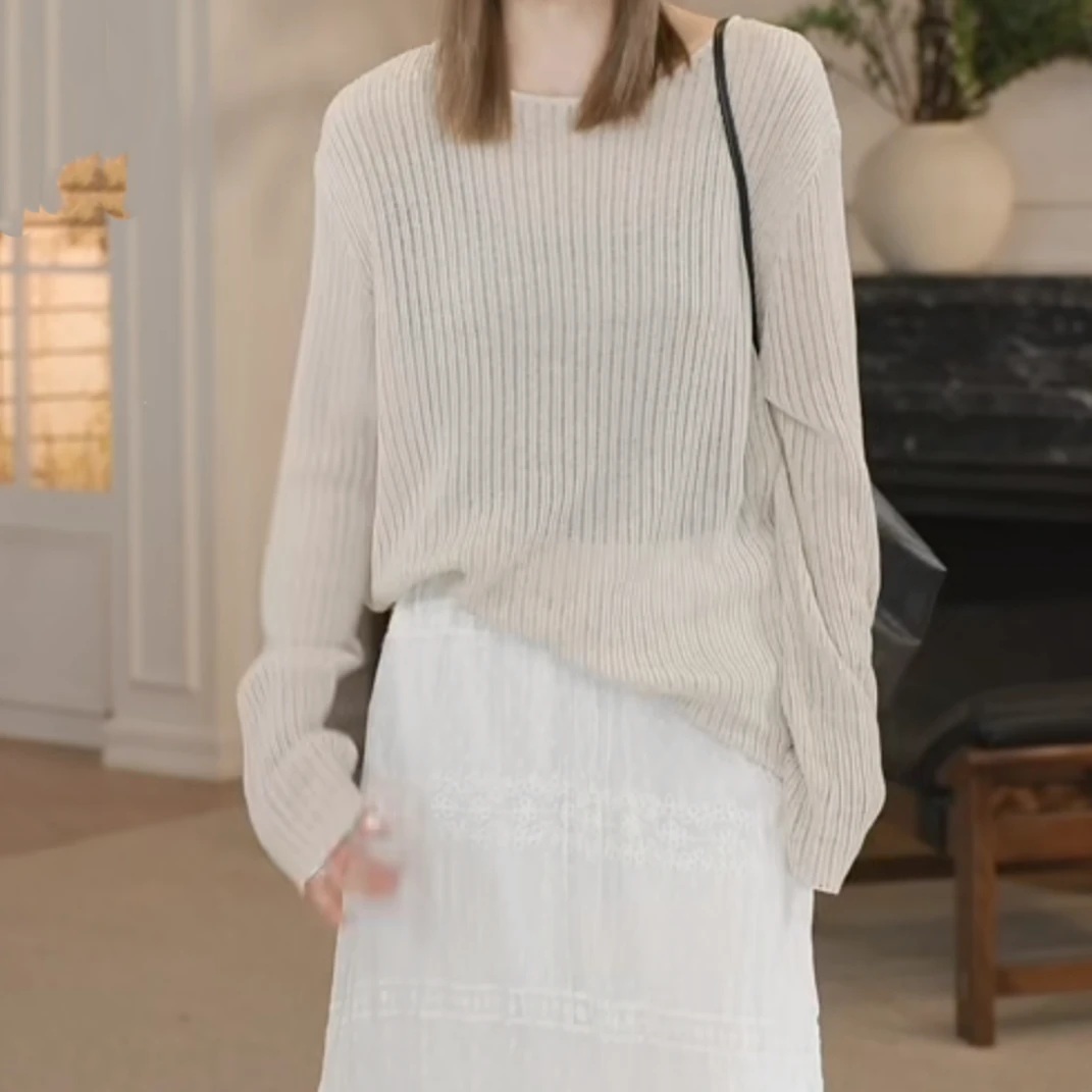 简约慵懒感显瘦舒适防晒长袖针织衫女2025新款春夏圆领套头上衣