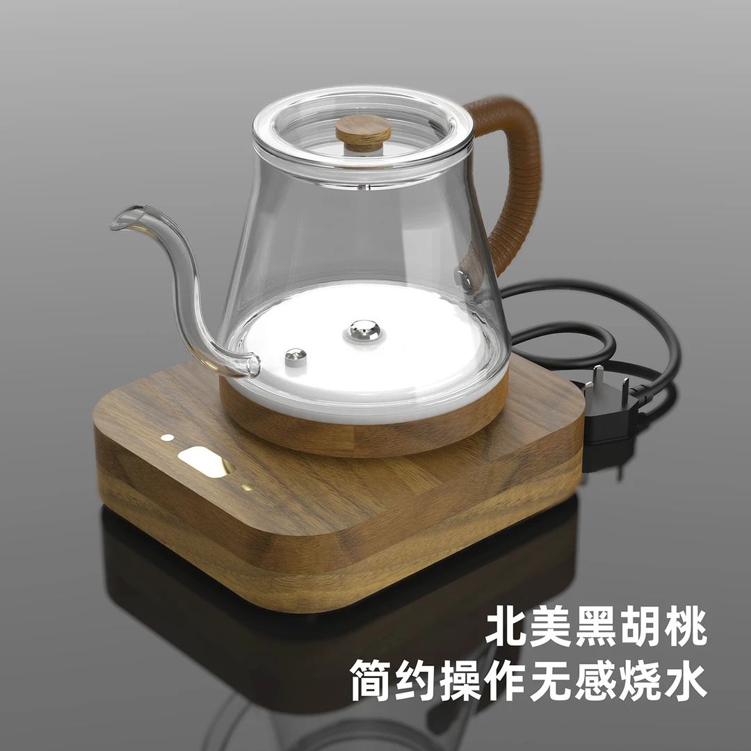 熹壶丨北美黑胡桃实木搪瓷无感烧水家用全自动底部上水玻璃手冲壶