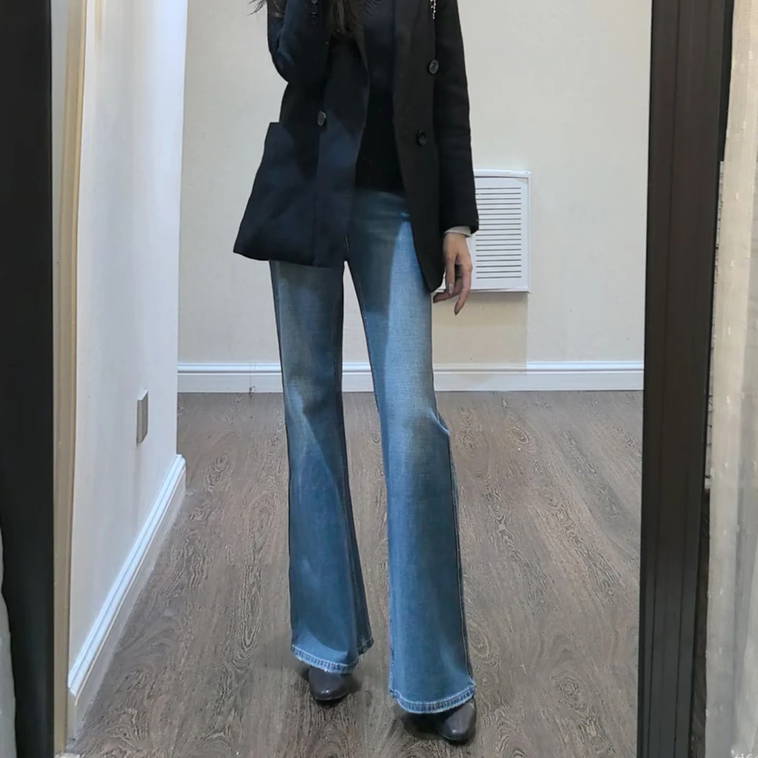 微喇牛仔裤女2025新款秋冬加绒加厚阔腿裤宽松小个子不贴腿喇叭裤