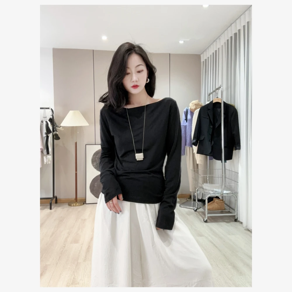 丽丽穿搭【一字领】早春黑色修身长袖T恤打底衫上衣女