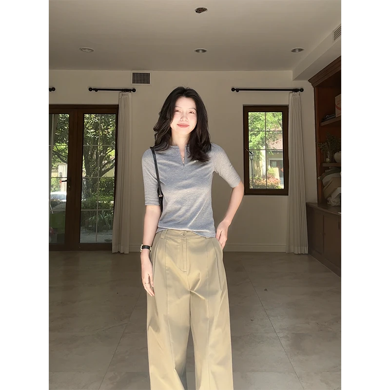 郭九九呢 羊毛简约百搭显瘦中袖上衣休闲直筒阔腿长裤 G925Y03987