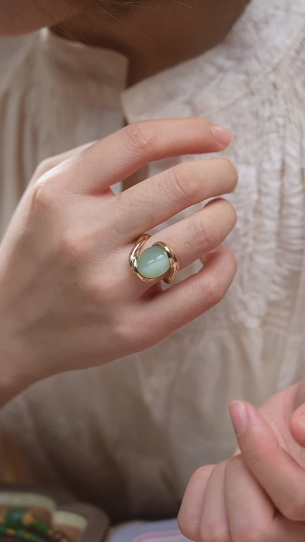 和田玉戒指18K金镶嵌黑羊洞猫眼【小涵专属】