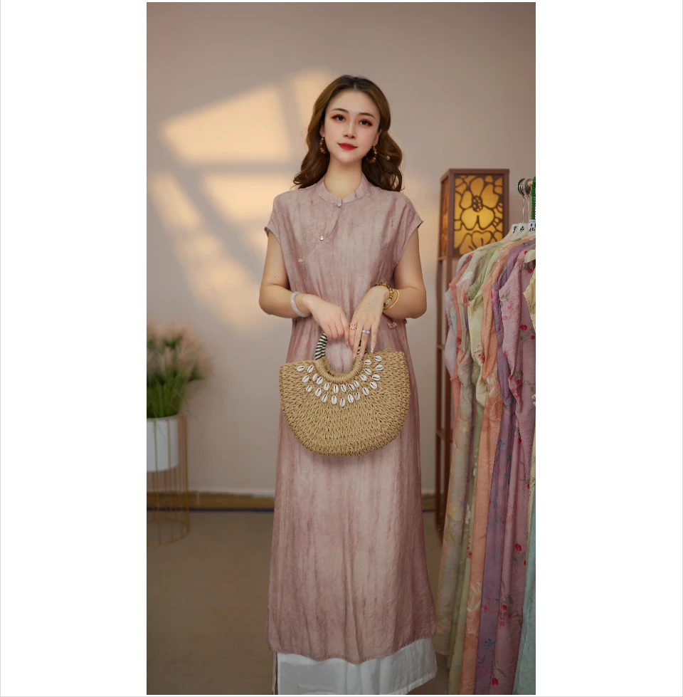 绣麻【烟粉染黛】月亮袖028新款夏季女装连衣裙新中式气质百搭显瘦