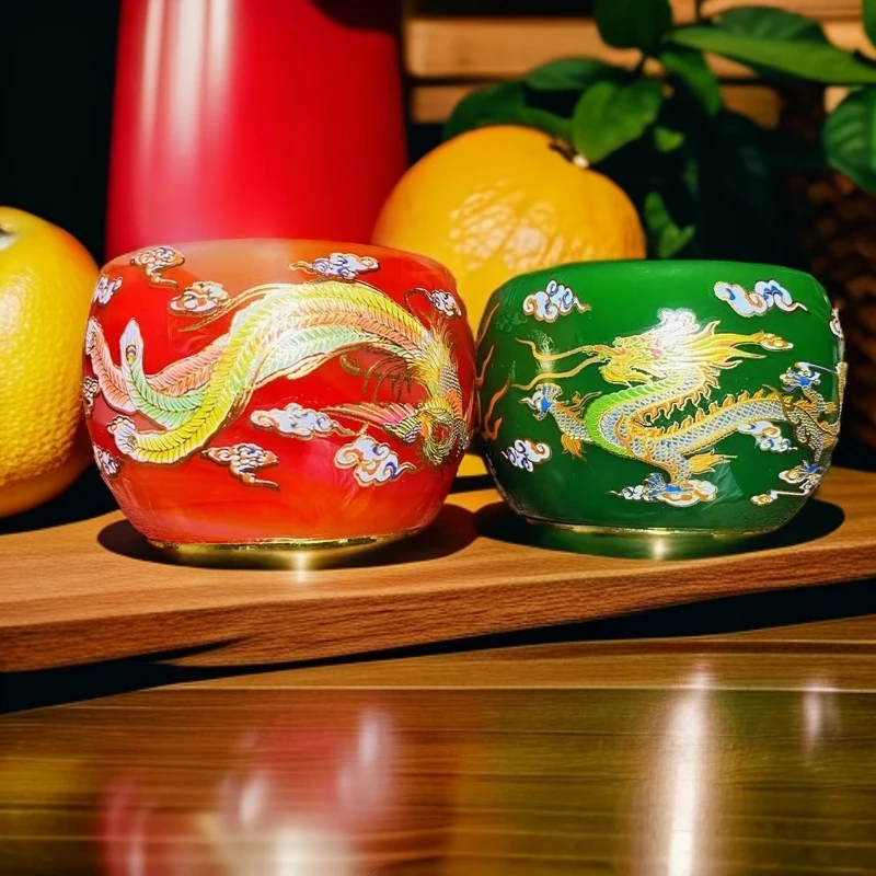 【帝王绿玛瑙红龙凤呈祥对杯】摆件精品酒杯精美茶杯家用高端珐琅彩