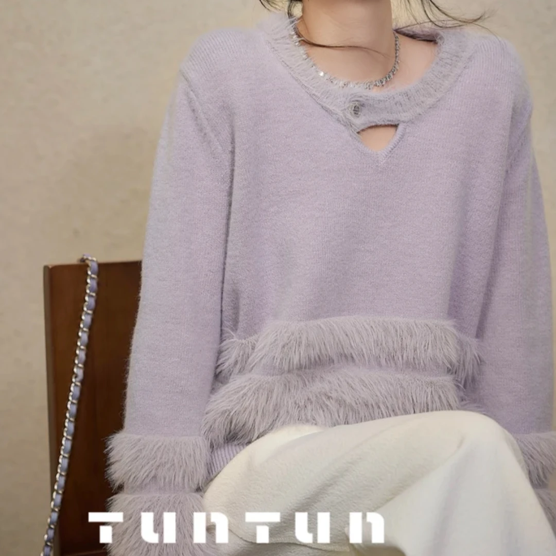 小众设计 【薰衣草】白皮仙女 加厚秋冬甜美拼接设计感毛衣