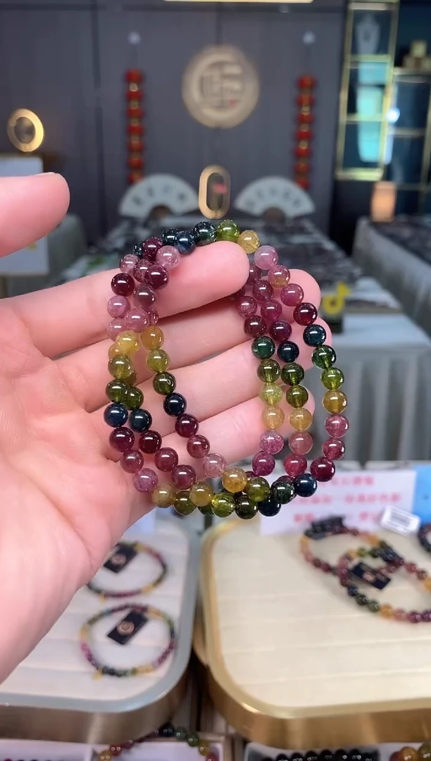 未镶嵌老矿碧玺彩虹三圈手串6mm+碧玺xion多样性发一条