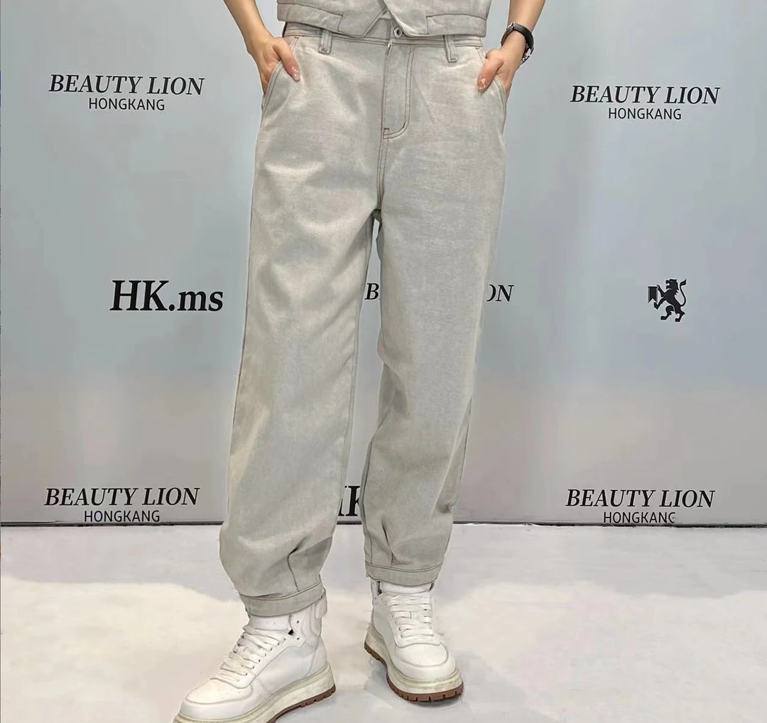H·K美狮潮牌高街宽松直筒百搭阔腿时尚潮流水洗牛仔裤
