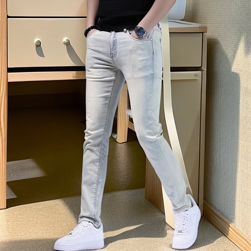 维斯克纳黄泥色牛仔裤男士潮牌新款修身男裤直筒休闲长裤潮流裤子