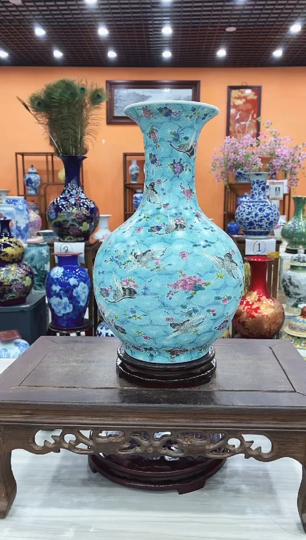 摆件100件夜光蓝色扒花仙鹤赏瓶+旋转底座