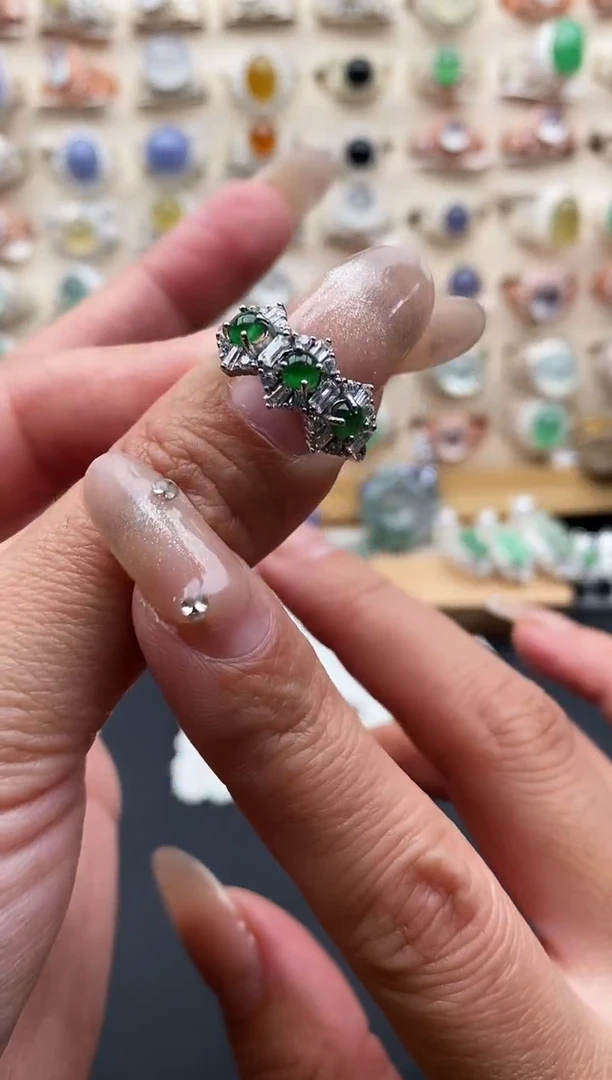 银S925镶嵌戒指翡翠缅甸天然A货翡翠1 2-10