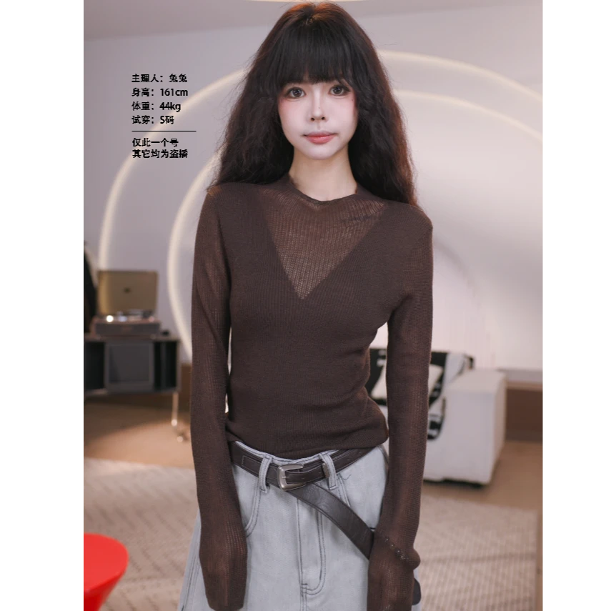 【FLARE SOIL】修身镂空V领极简优雅拼接纸片人针织打底 T40278A