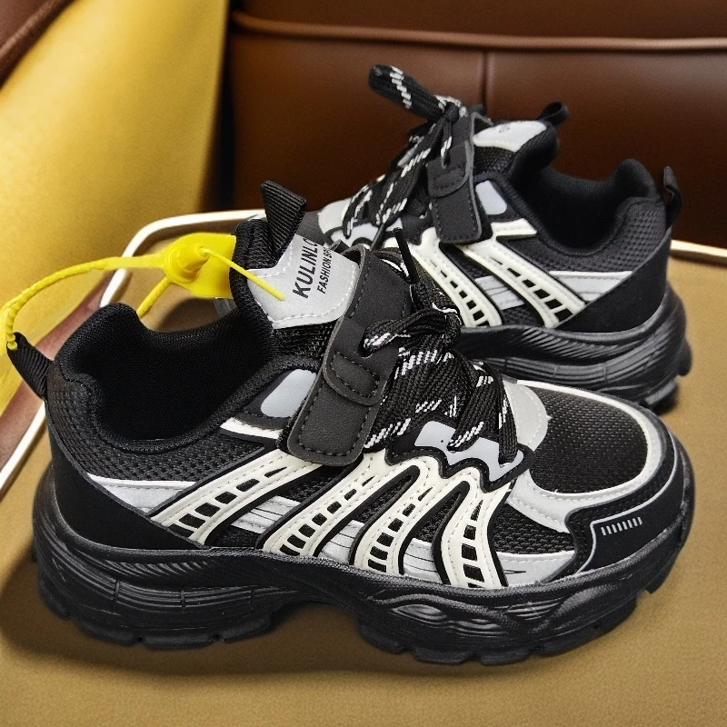 883-2秋冬季运动鞋皮面时尚黑色男女童防水运动童鞋跑步百搭单鞋