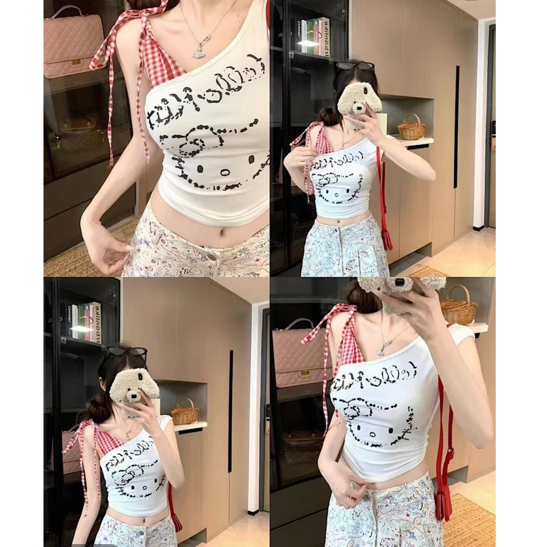 甜辣妹吊带红格子拼接短袖露肩女设计感斜肩短款上衣+短裙