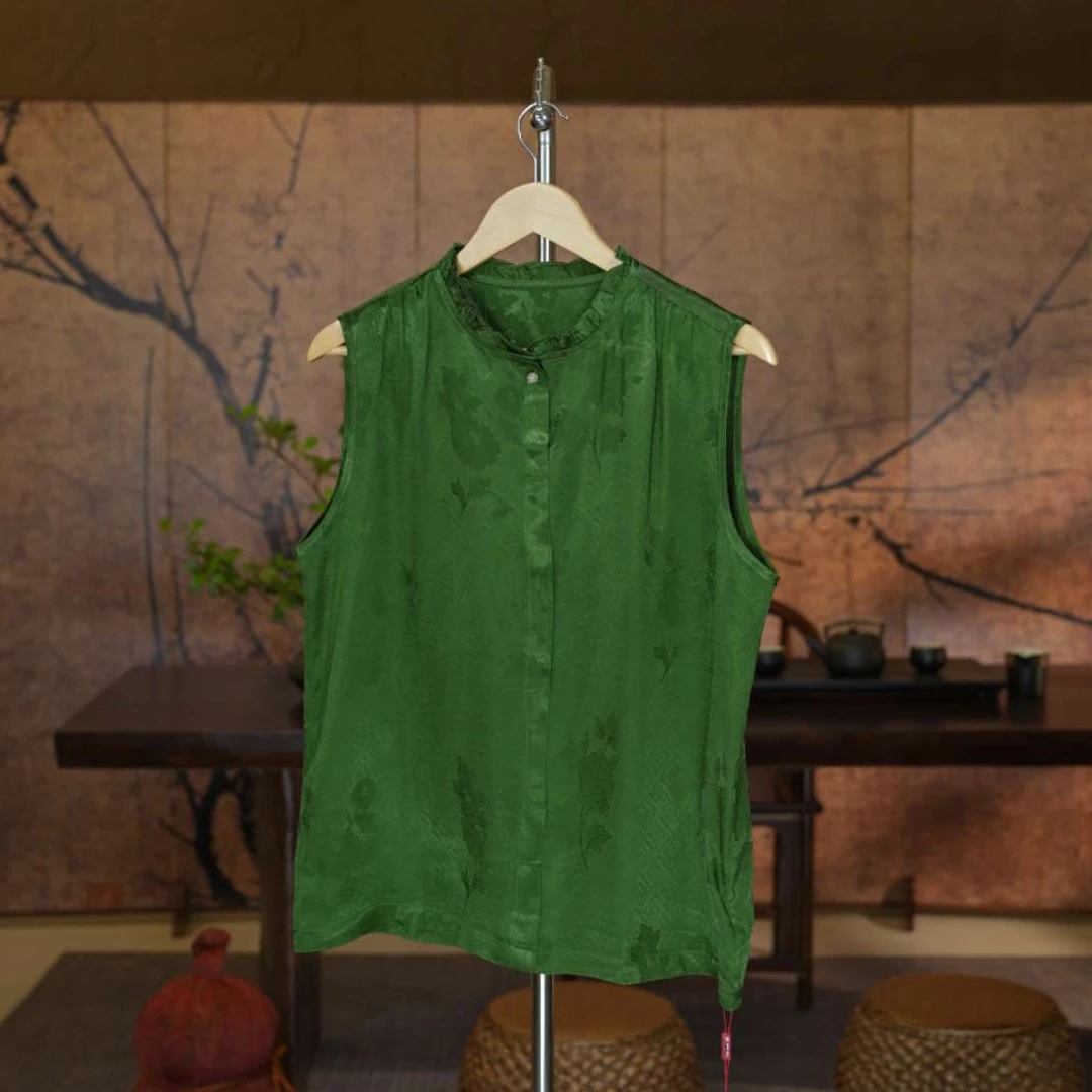 【夏如幽兰】重磅新中式国风提花木耳领半开无袖上衣背心国潮