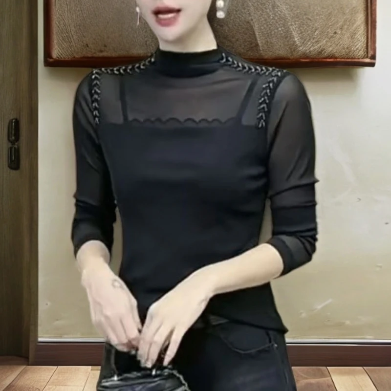 气质春秋季重工穿珠网纱黑色T恤专门搭皮马甲的打底衫长袖女洋气