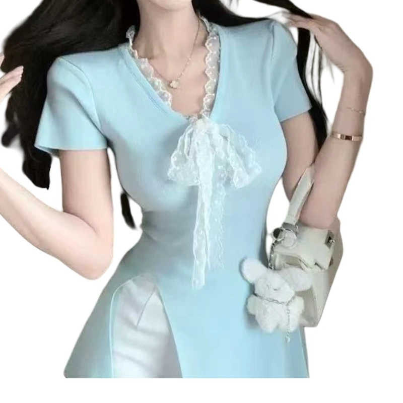 【极致软妹】特鲁推荐V领绑带蕾丝拼接不规则开叉上衣